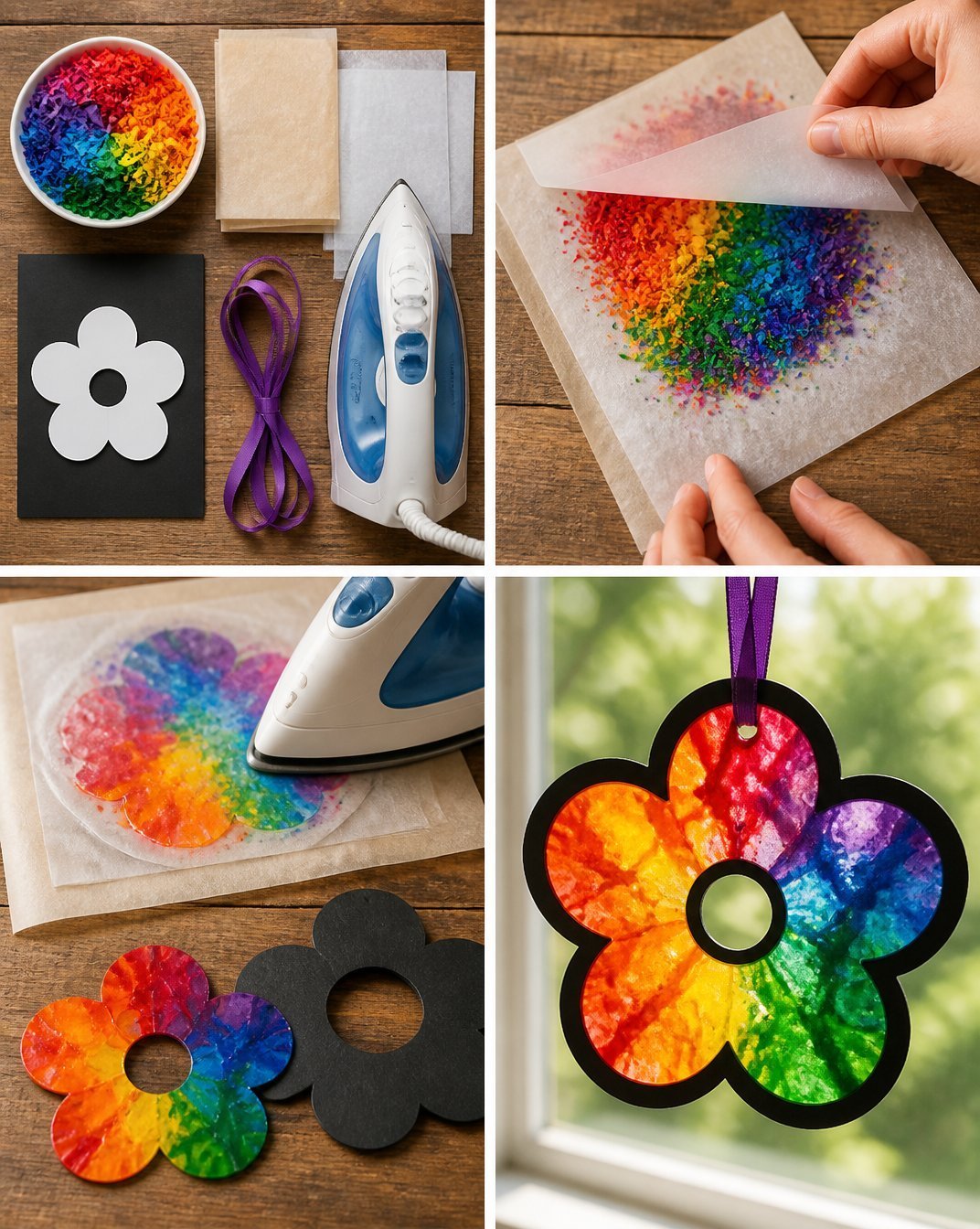 DIY Melted Crayon Rainbow Flower Suncatcher for Spring