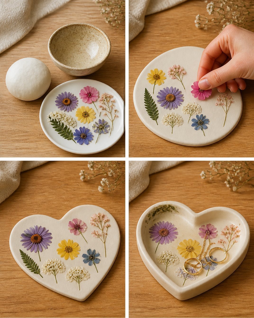 Pressed Flower Air-Dry Clay Heart Dish