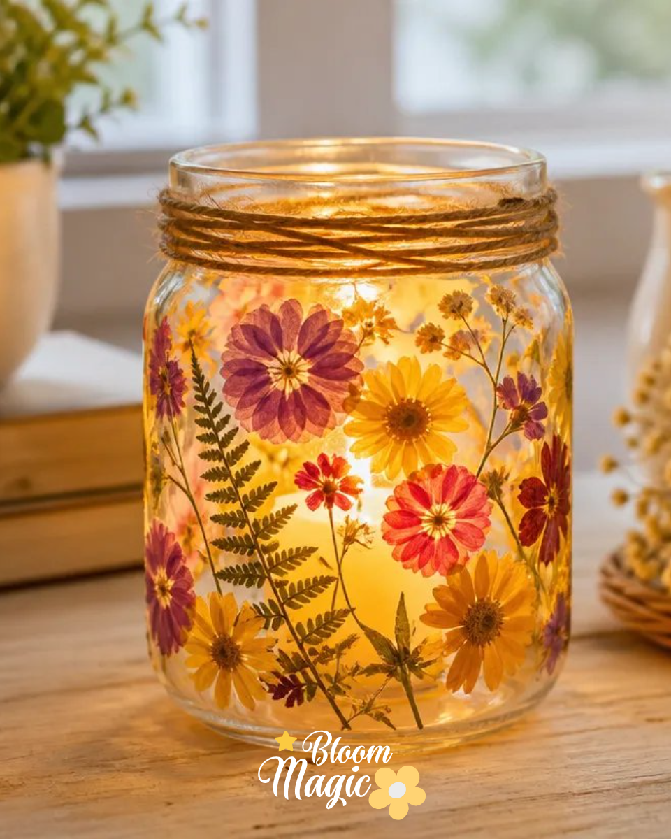 Pressed Flower Glass Jar Candle Holder