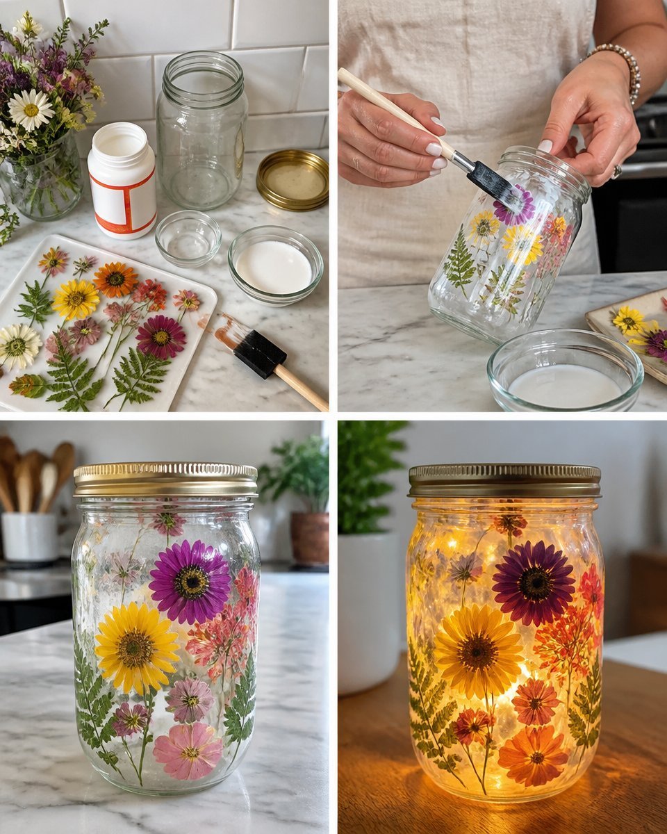Pressed Flower Glass Jar Candle Holder
