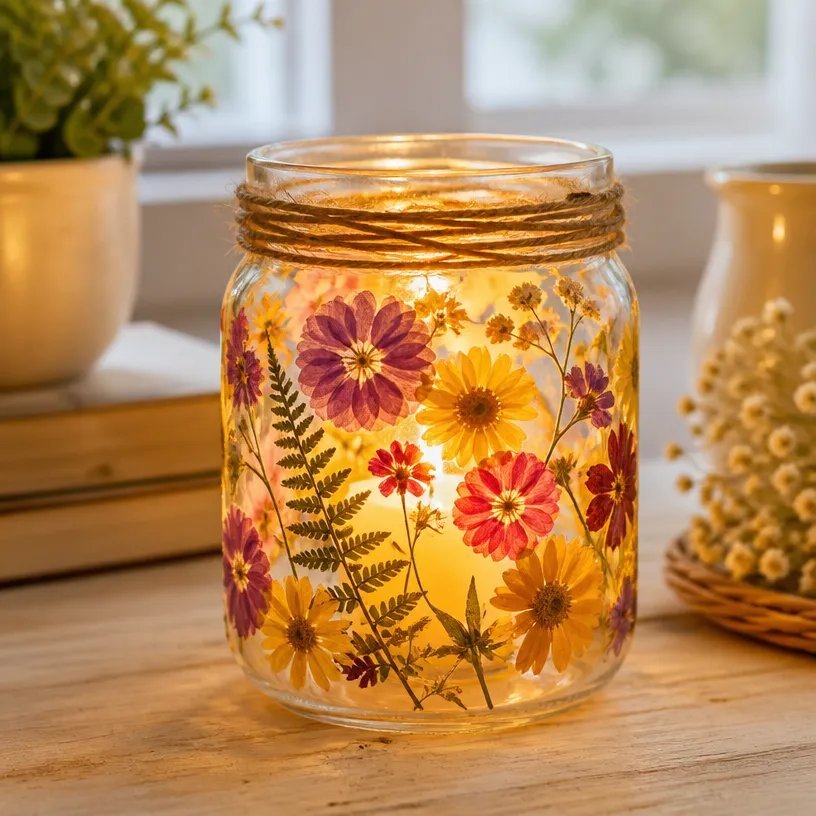 Pressed Flower Glass Jar Candle Holder
