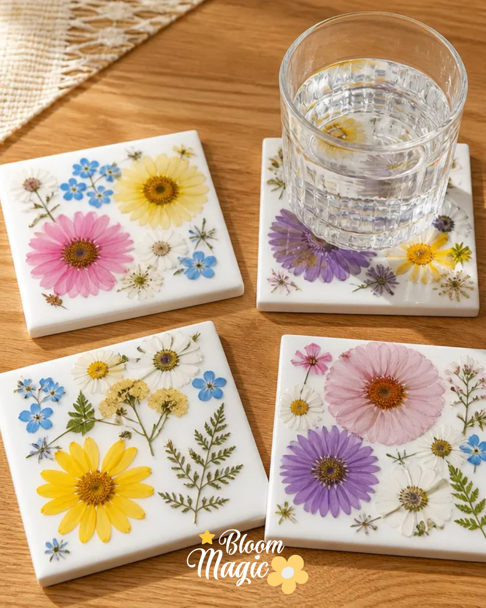 Pressed Flower Ceramic Tile Coasters