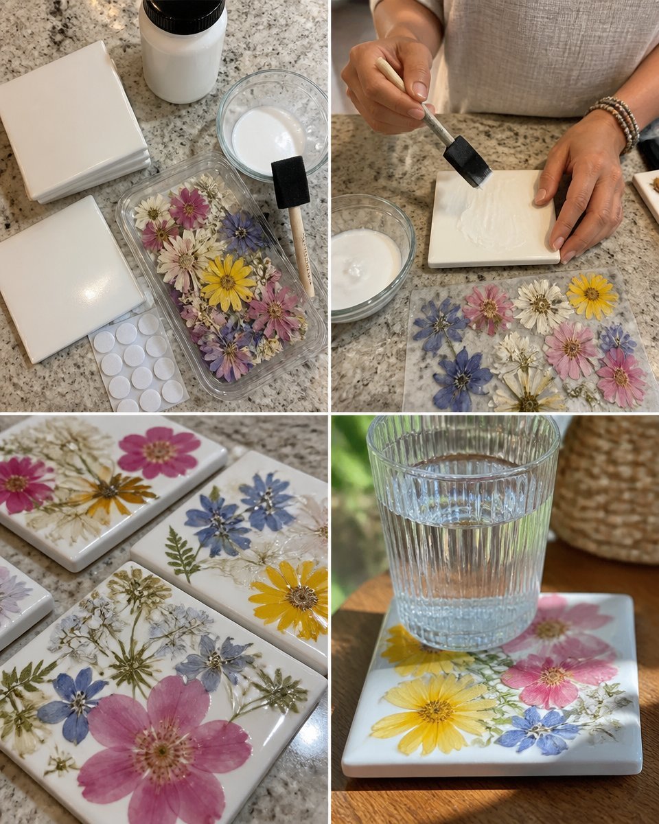 Pressed Flower Ceramic Tile Coasters