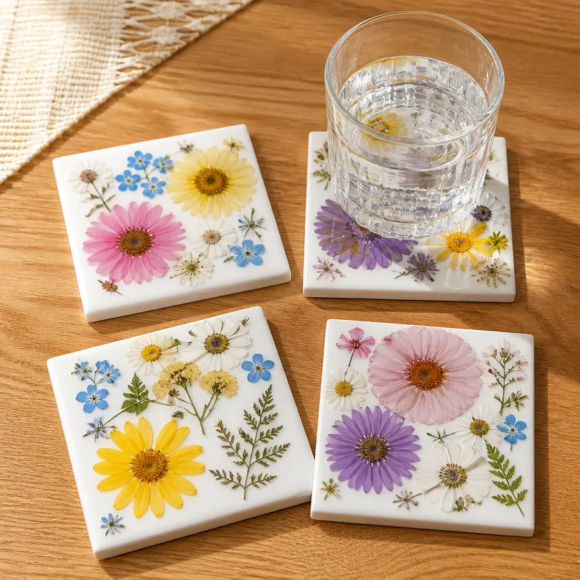Pressed Flower Ceramic Tile Coasters