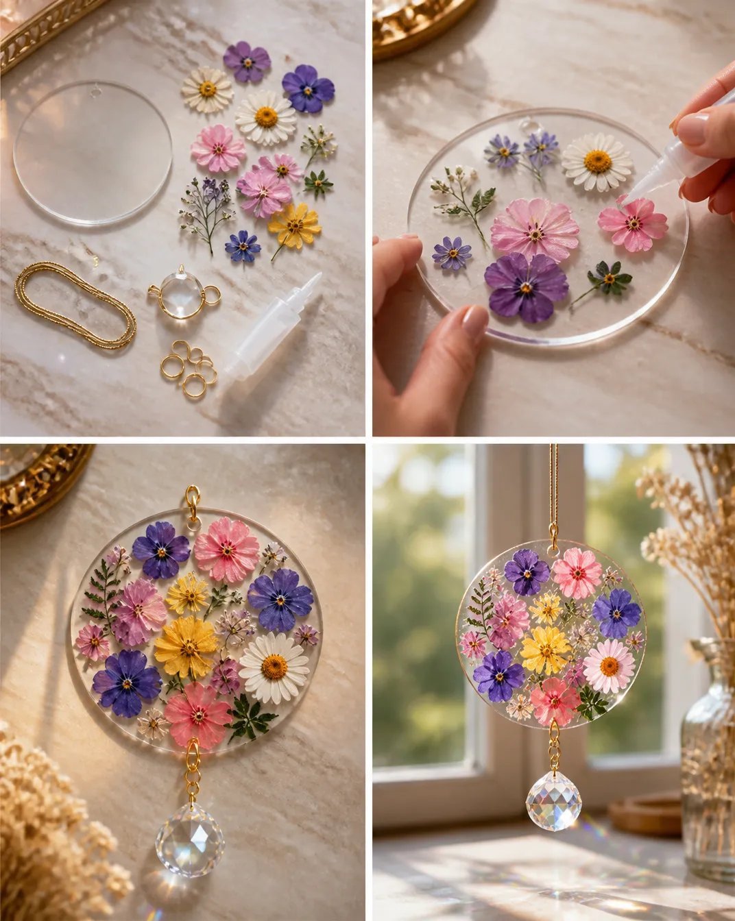 Pressed Flower Crystal Suncatcher DIY Tutorial