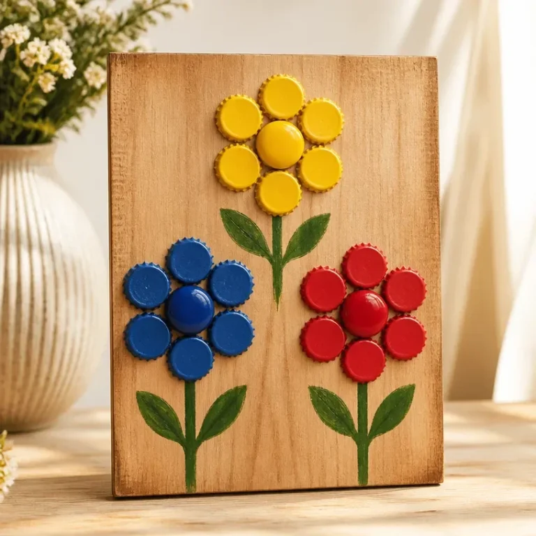 Bottle cap flower relief wall art featuring colorful floral designs for home decor.