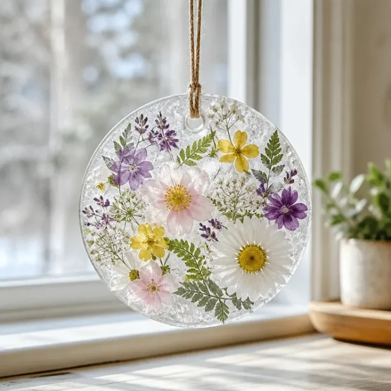 DIY frosted flower suncatcher hanging in a winter window