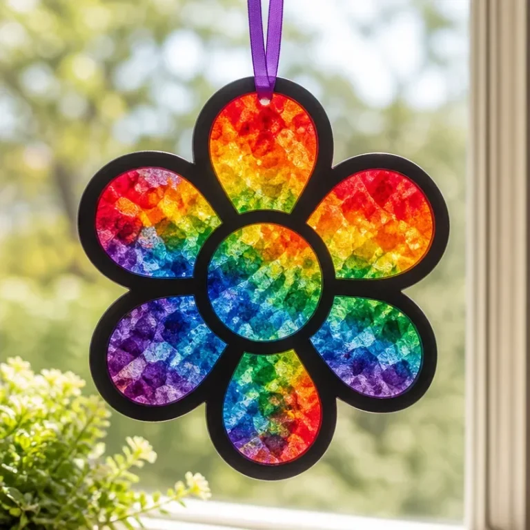DIY melted crayon rainbow flower suncatcher crafting project for kids