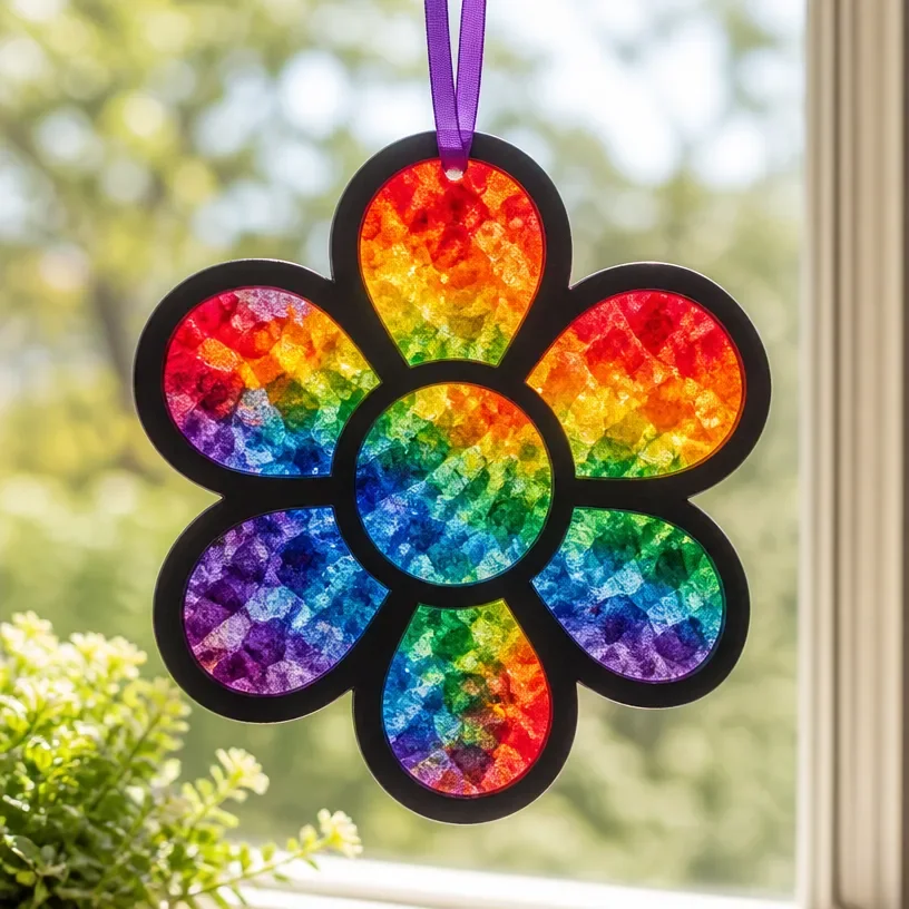 DIY melted crayon rainbow flower suncatcher crafting project for kids