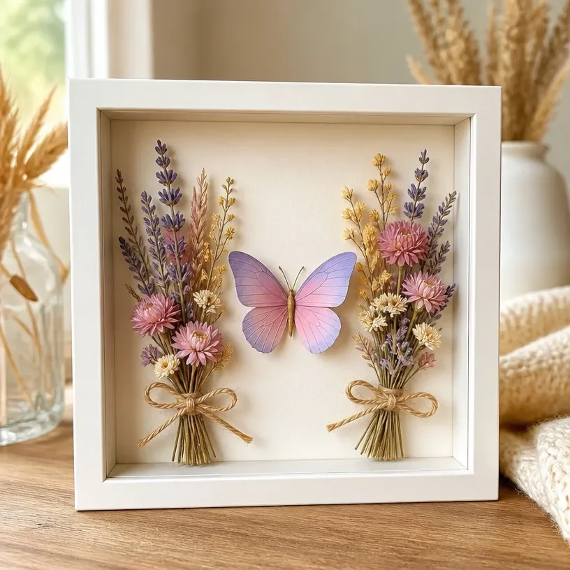 Dried Flower Shadow Box With A Paper Butterfly