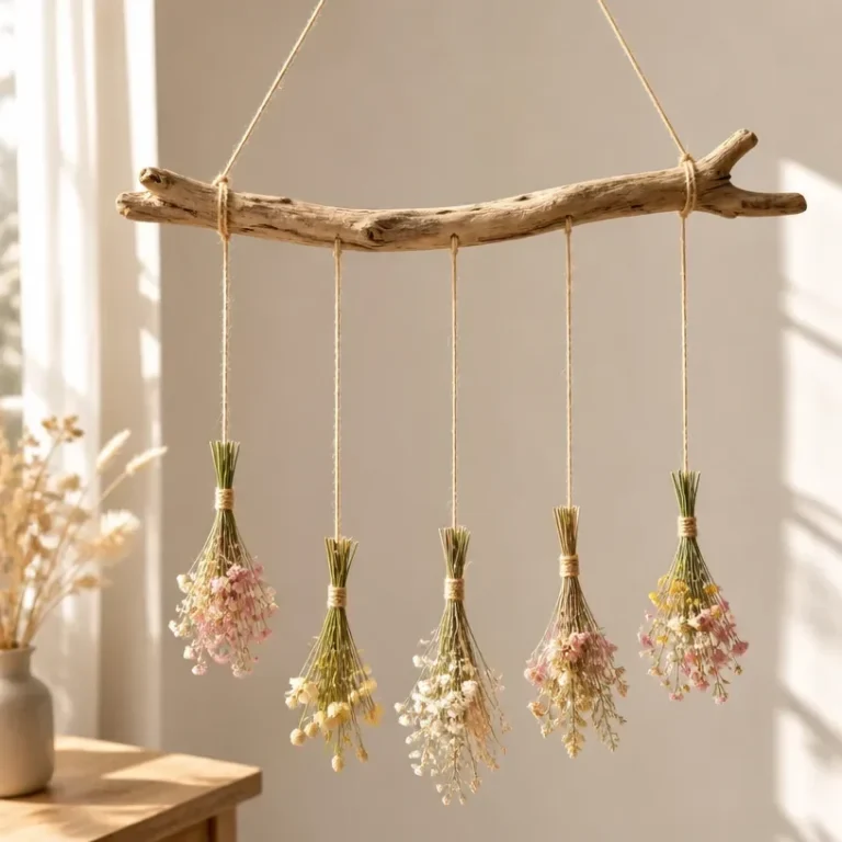 Driftwood and dried flower hanging mobile decor for home interior