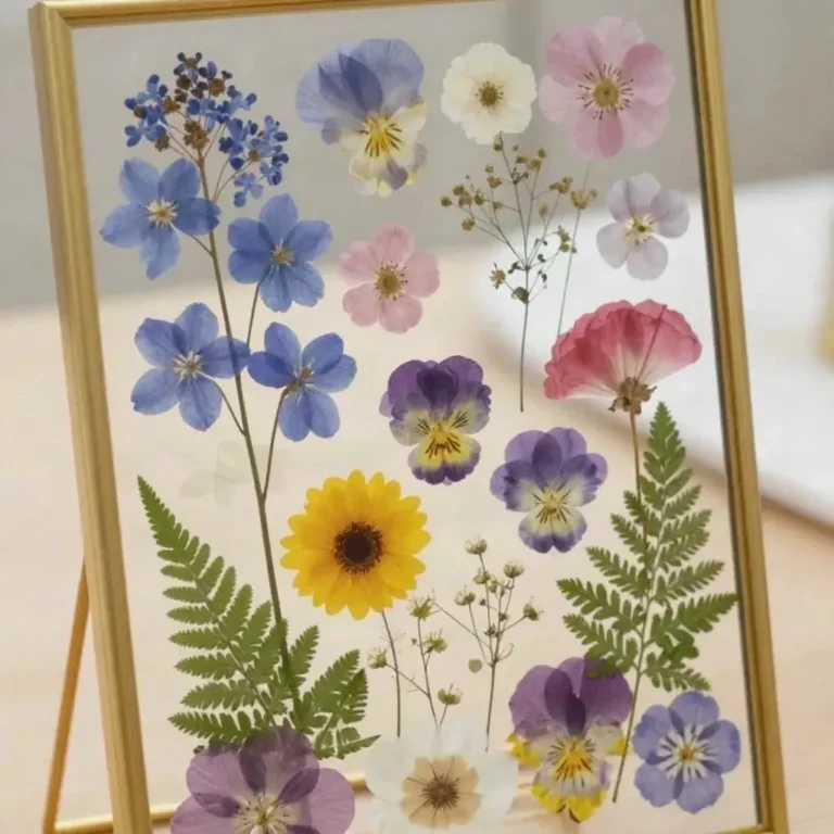 Floating pressed flower glass frame showcasing vibrant blooms.