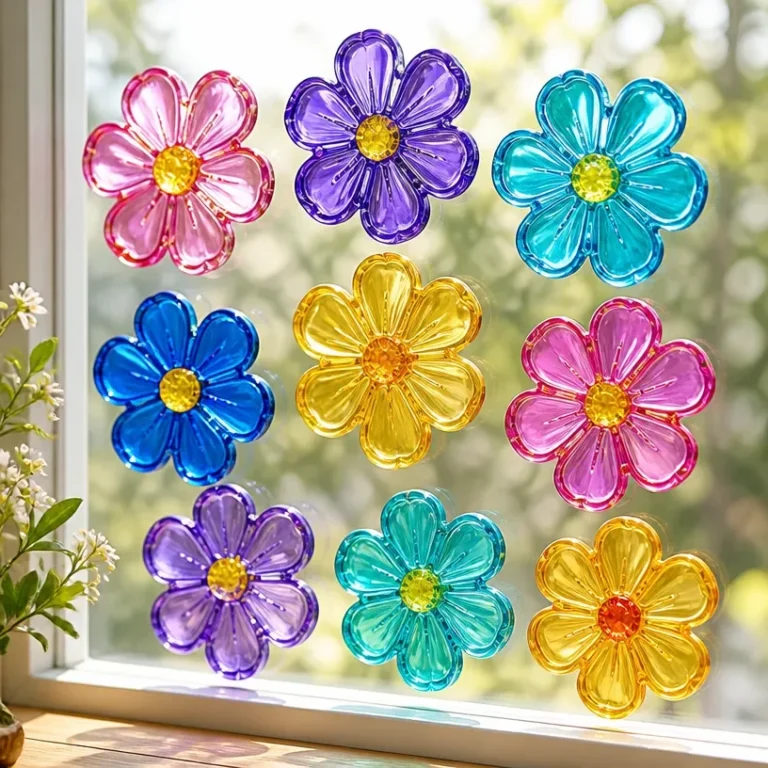 Glue on flower window cling decorative sticker applied on a window.