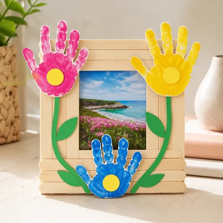 Colorful handprint flower photo frame made with children's handprints.
