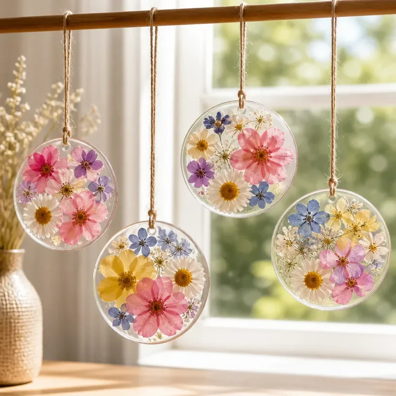 Colorful pastel flower suncatchers made with glue, ideal for window display.