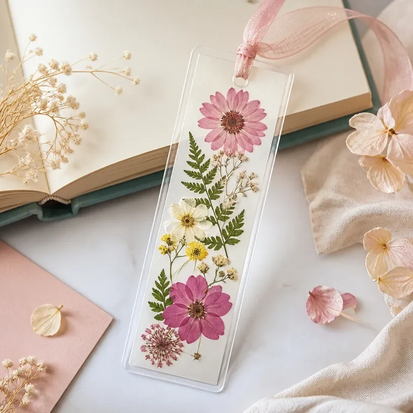 Laminated pressed flower bookmark featuring colorful dried flowers design