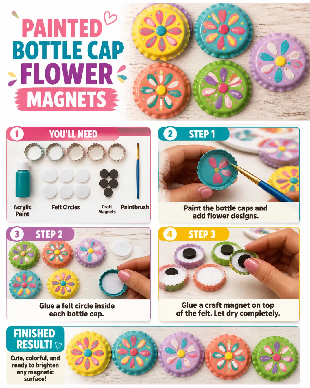 Painted Bottle Cap Flower Magnets