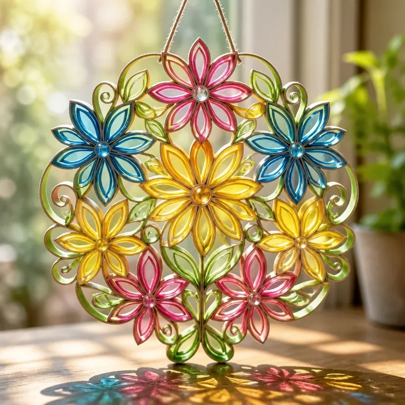 DIY paper roll flower suncatcher hanging in sunlight