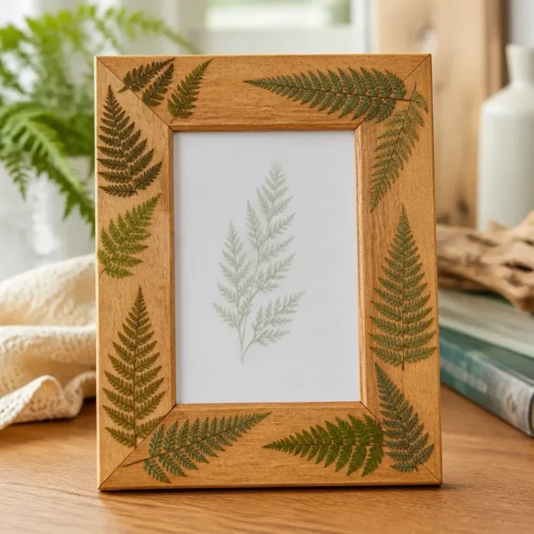 Pressed fern photo frame border showcasing natural beauty in home decor.