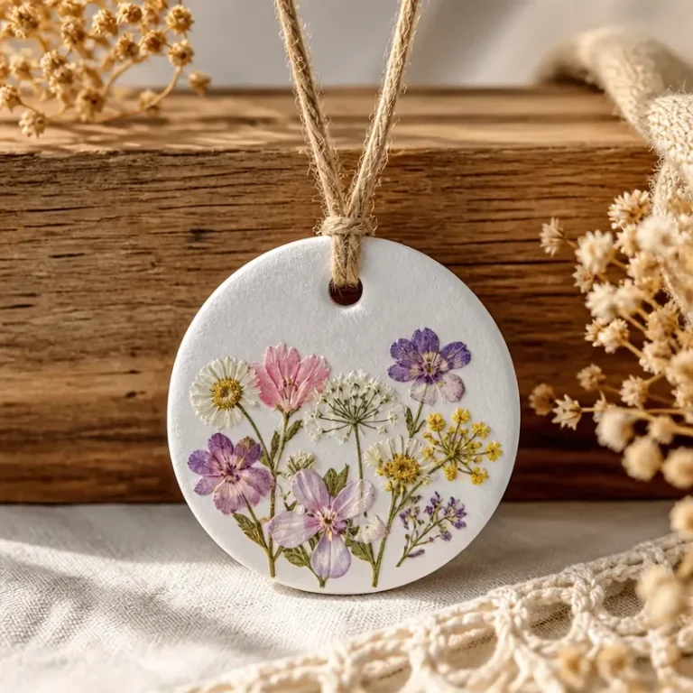 Pressed flower pendant crafted from air-dry clay, showcasing delicate floral designs.