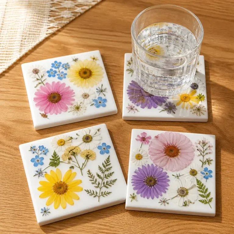 Pressed flower ceramic tile coasters showcasing vibrant floral designs