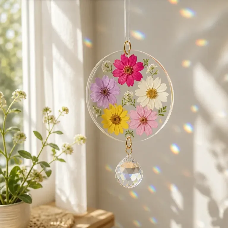 DIY pressed flower crystal prism suncatcher tutorial for home decor