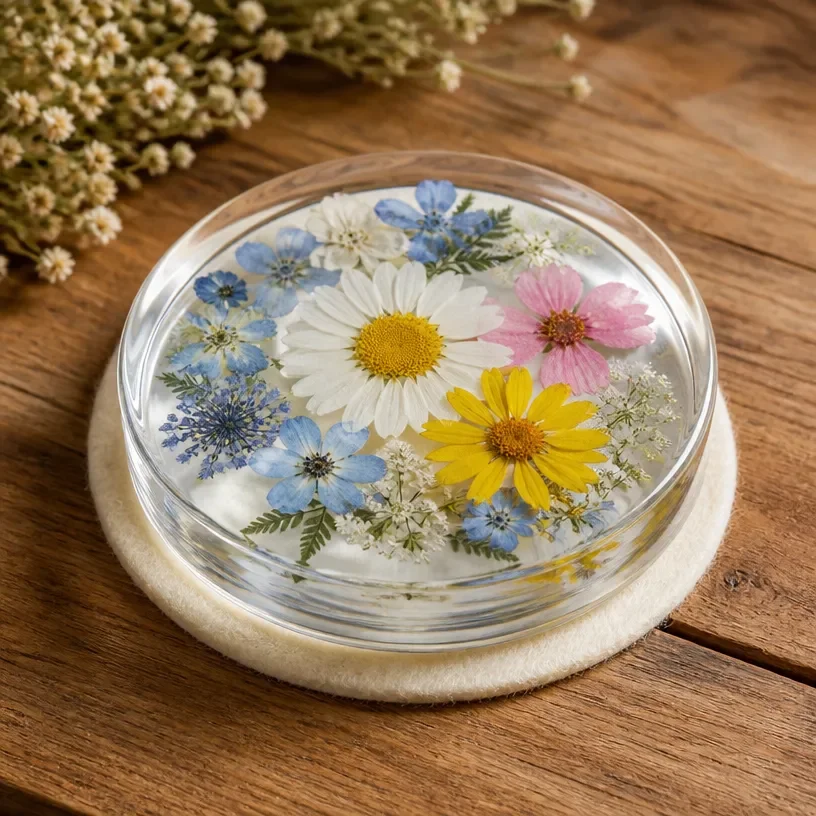 Homemade pressed flower paperweights showcasing colorful floral designs