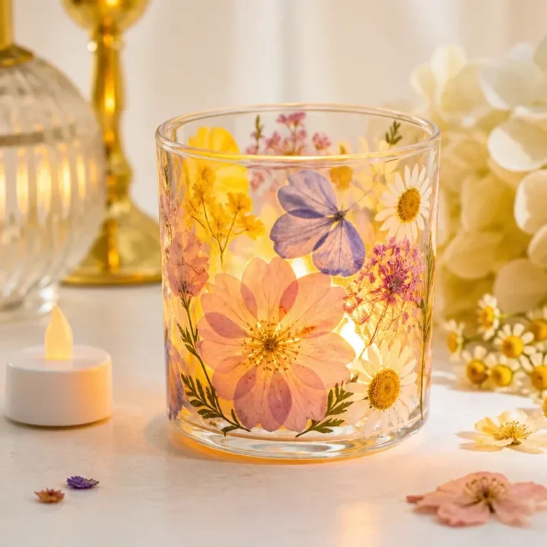 DIY pressed flower glass candle holder project with vibrant flowers