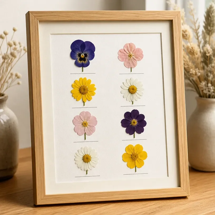Pressed flower herbarium art on cardstock featuring natural blooms and leaves