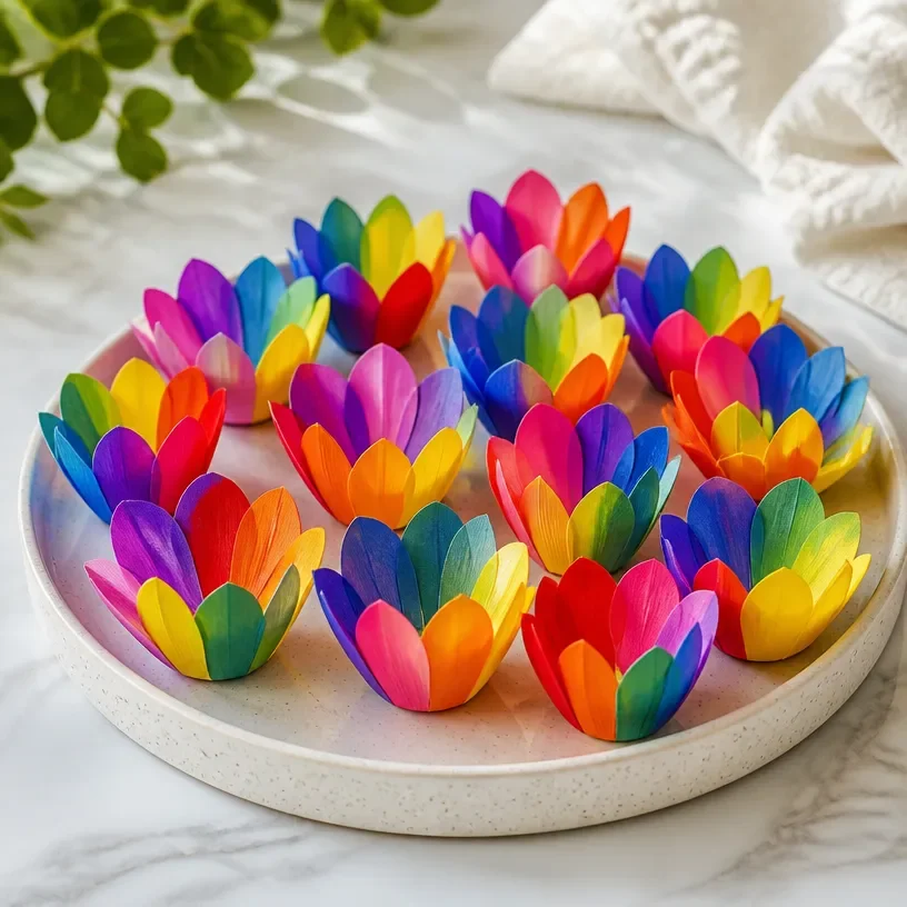 DIY Rainbow flower garden with colorful arrangements of blooming flowers