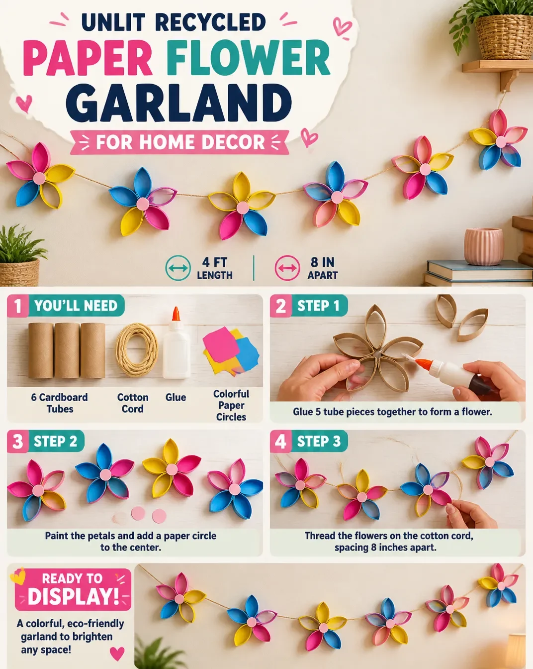 Unlit Recycled Paper Flower Garland for Home Decor