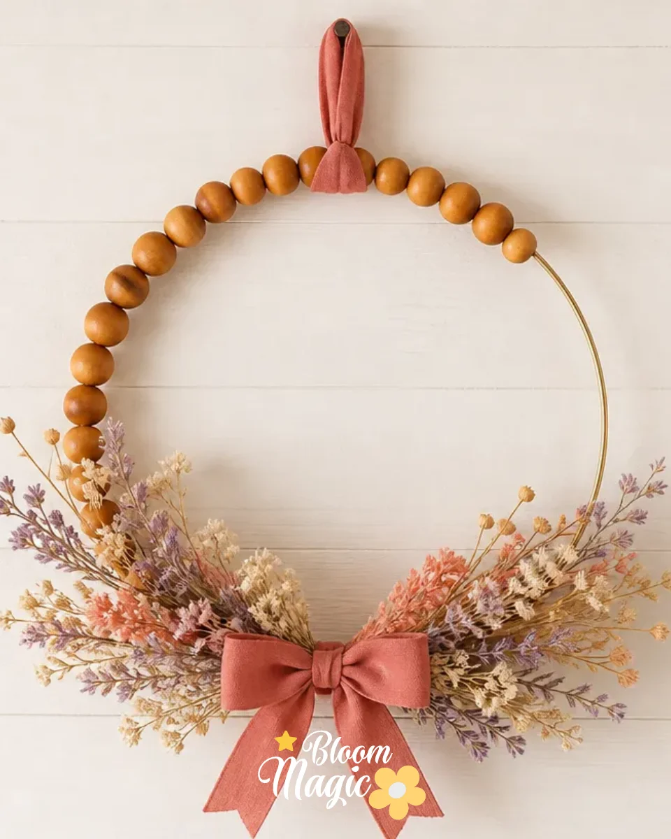 Wood Bead Wreath With a Dried Floral Accent
