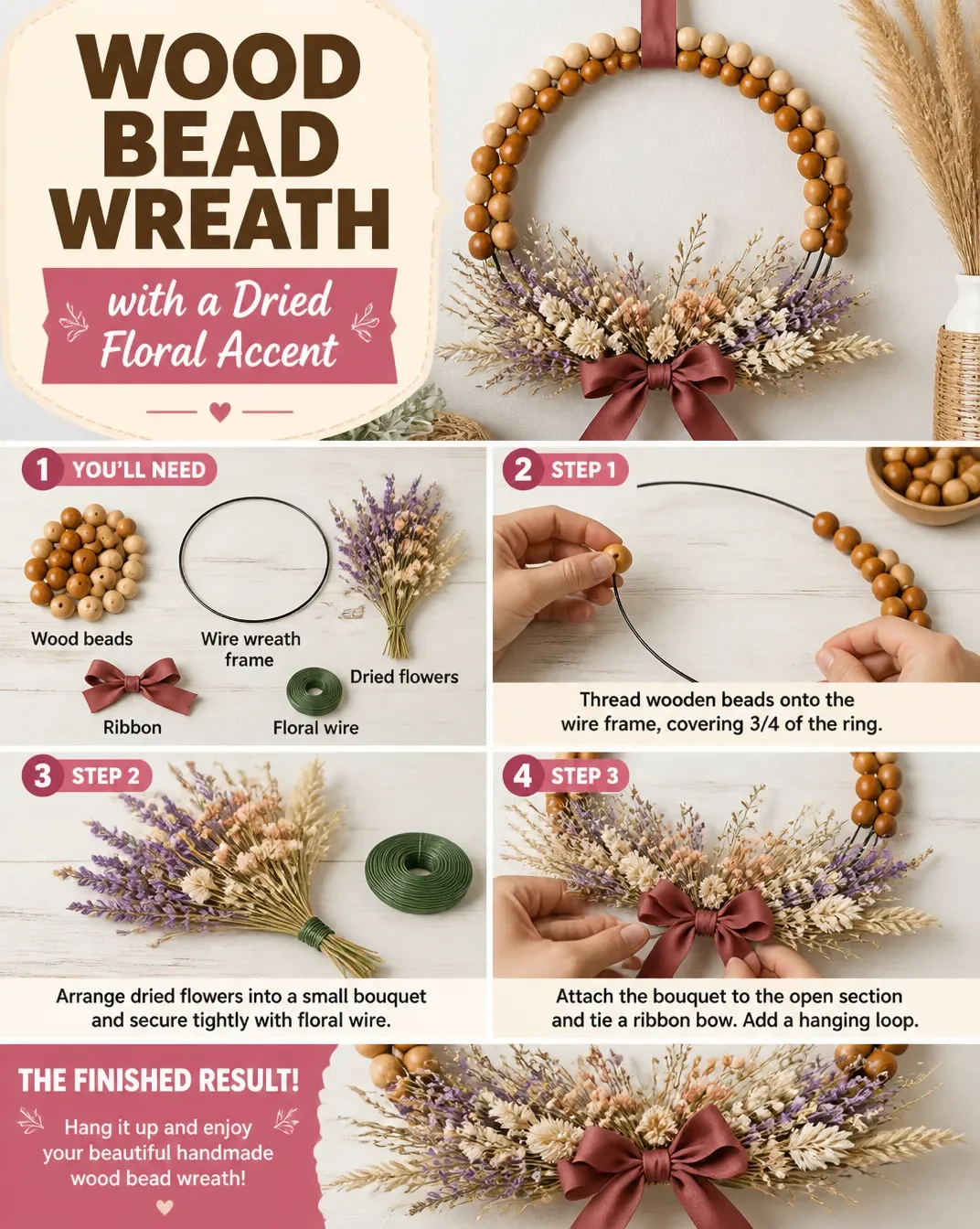 Wood Bead Wreath With a Dried Floral Accent